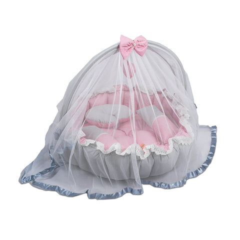 Adorables Round Bed | Grey & Pink | Hanging Pillow, Lace Design | Cotton & Recron