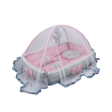 Adorables Square Bed | Grey & Pink | Hanging Pillow, Lace Design | Cotton & Recron