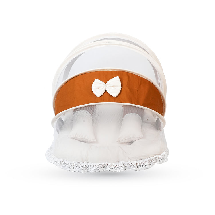 Adorables Baby Hospital Bedding Combo Set 3 in 1 | Coffee & Off White | Lace & Bow Detailing | Cotton and Recron | With Hospital Bed, Basket (Large) and Sleeping Bag