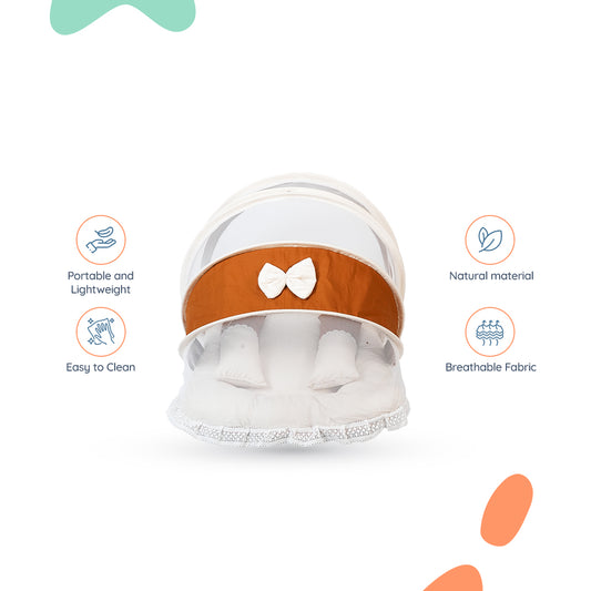 Adorables Mesh Infant Bed | Coffee & Off White | Bow Work with Lace Design | Cotton with Recron Filling