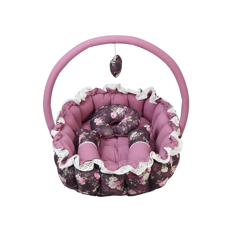 Adorables Baby Oval Bedding Combo Set 3 in 1 | Grape & Dusted Pink | Floral Print, Lace & Bow Accents | Cotton & Recron | Includes Oval Bed, Baby Holder & Storage Basket