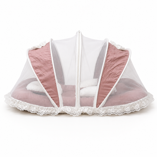 Adorables Mesh Infant Bed | Soft Linea White in Onion Pink | Bow Work with Lace Design | Cotton with Recron Filling
