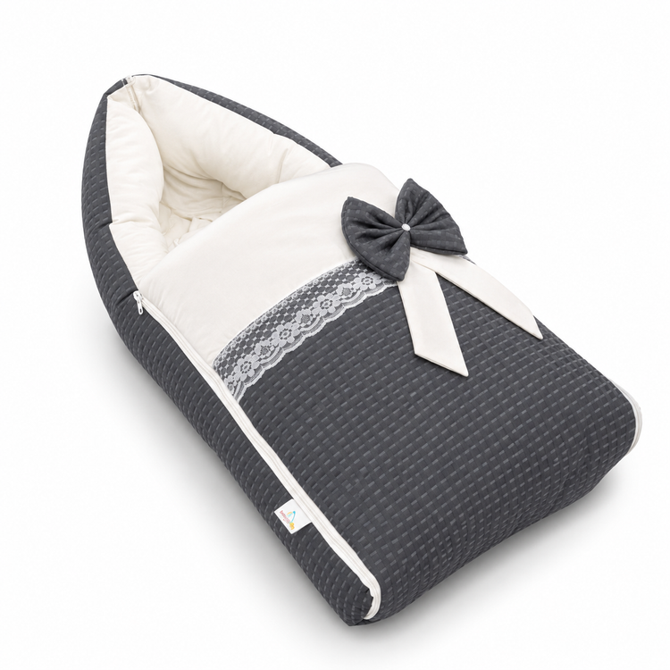 Adorables Baby Sleeping Bag | Soft Linea Grey & White | Bow Work & Lace Design | Cotton with Recron filling