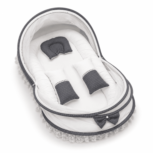 Adorables Mesh Infant Bed | Soft Linea Grey in White | Bow Work with Lace Design | Cotton with Recron Filling