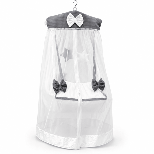Adorables Bed Cradle | Soft Linea Grey in White | Cotton with Recron | Includes Star Hangings and Removable Net