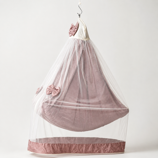 Adorables Bed Cradle | Soft Linea White in Onion Pink | Cotton with Recron | Includes Star Hangings and Removable Net