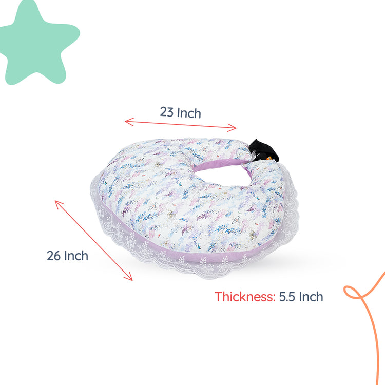 Adorables Feeding Pillow | Lavender & White | Floral Print with Lace Design | Cotton with Recron Filling