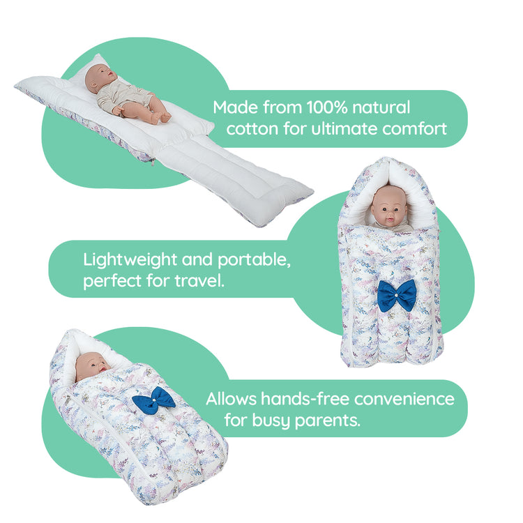 Adorables Baby Sleeping Bag | Lavender & White | Floral Print, Bow Work | Cotton & Recron