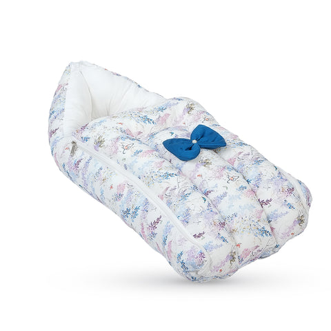 Adorables Baby Sleeping Bag | Lavender & White | Floral Print, Bow Work | Cotton & Recron
