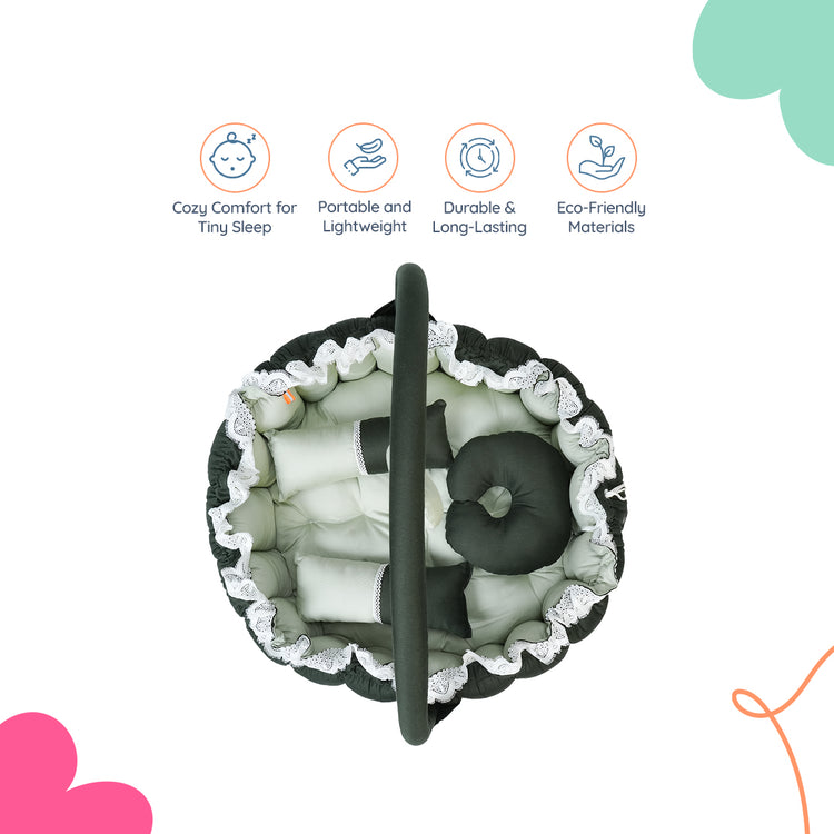 Adorables Baby Round Bedding Combo Set 3 in 1 | Light Green & Dark Green | Bow & Lace Detailing | Cotton & Recron | Includes Round Bed, Sleeping Bag & Large Basket