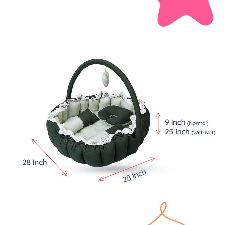 Adorables Baby Round Bedding Combo Set 4 in 1 | Light Green & Dark Green | Lace, Bow & Pearl Design | Cotton & Recron | With Round Bed, Sleeping Bag, Basket (L) & Feeding Pillow