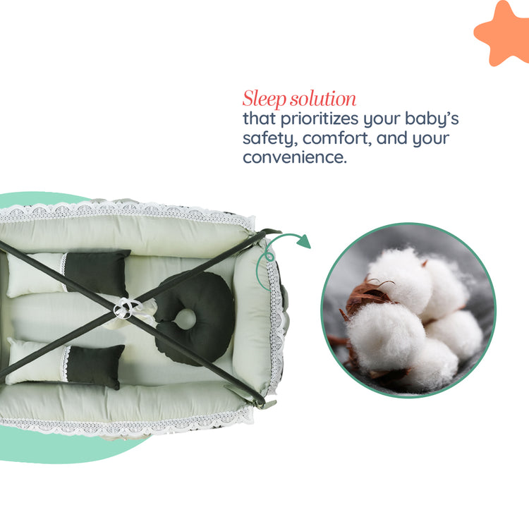 Adorables Square Bed | Light Green & Dark Green | Hanging Pillow, Lace Design | Cotton & Recron