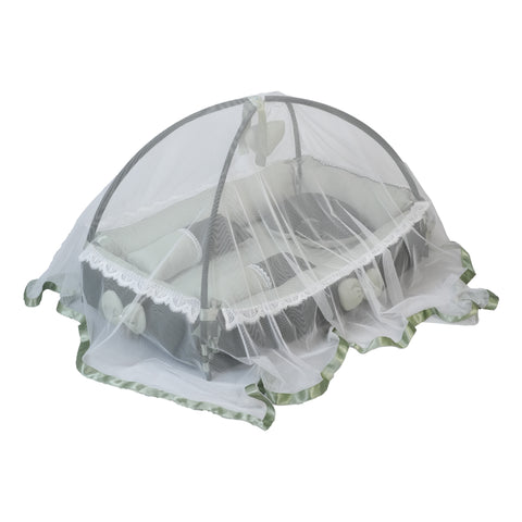 Adorables Square Bed | Light Green & Dark Green | Hanging Pillow, Lace Design | Cotton & Recron