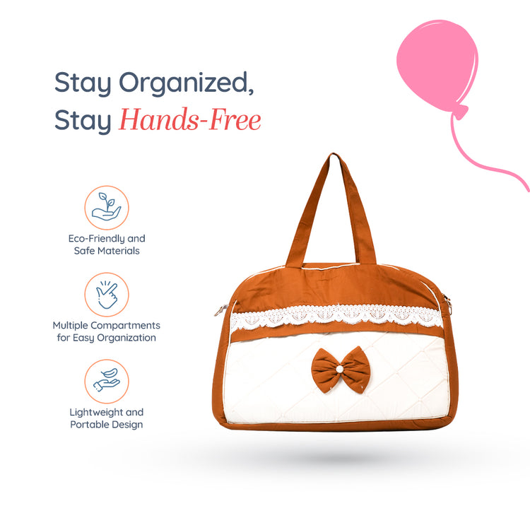 Adorables Mother Bag | Coffee & Off White | Bow Work & Pearls | Cotton with Foam LD