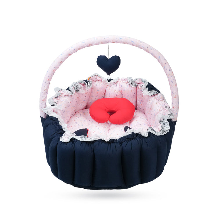 Adorables Oval Bed - (King Size) | Navy Blue & Light Pink | Specks Print | Hanging Pillow | Lace Design | Removable Net