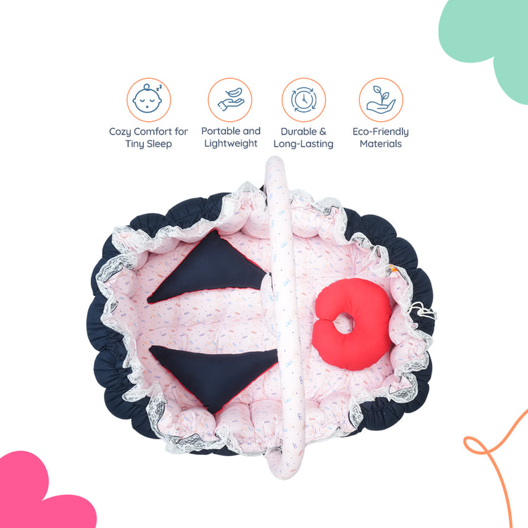 Adorables Oval Bed - (King Size) | Navy Blue & Light Pink | Specks Print | Hanging Pillow | Lace Design | Removable Net