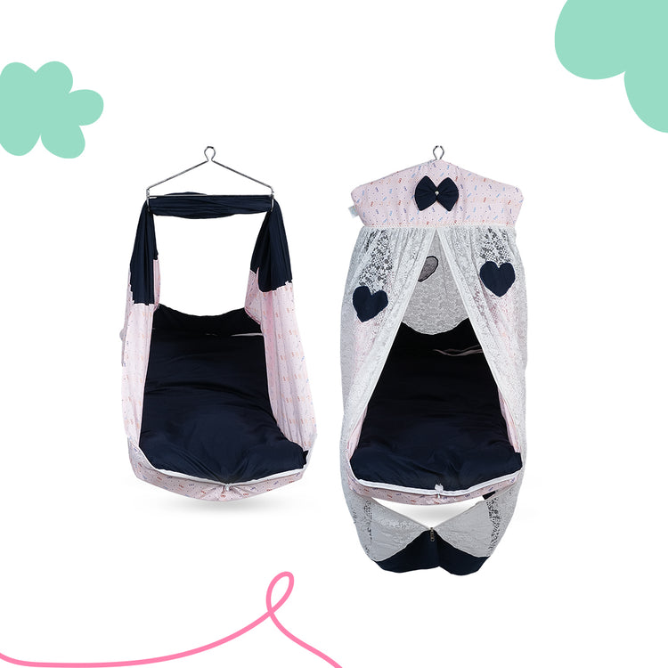 Adorables Bed Cradle | Navy Blue & Light Pink | Cotton with Recron | Elegant Details for Comfort and Safety