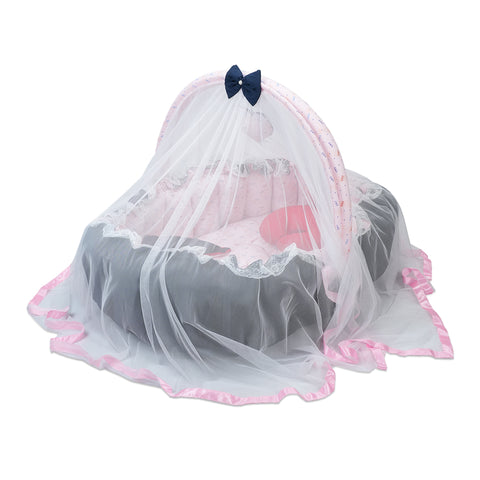 Adorables Oval Bed - (King Size) | Navy Blue & Light Pink | Specks Print | Hanging Pillow | Lace Design | Removable Net