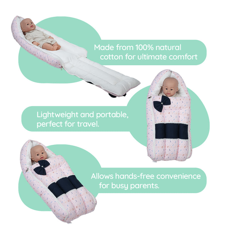 Adorables Baby Holder | Navy Blue & Light Pink | Specks Print, Bow Work & Lace | Cotton & Recron