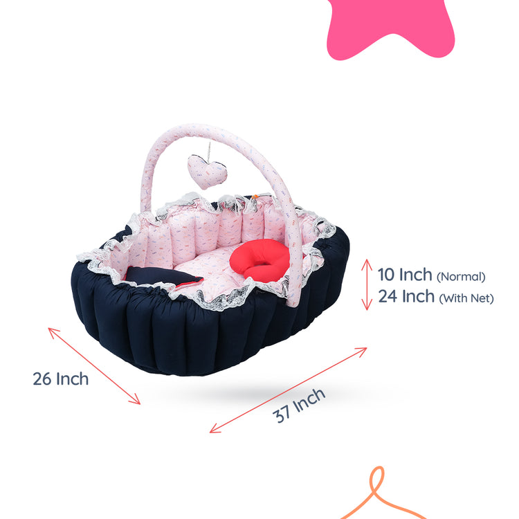 Adorables Oval Bed - (King Size) | Navy Blue & Light Pink | Specks Print | Hanging Pillow | Lace Design | Removable Net