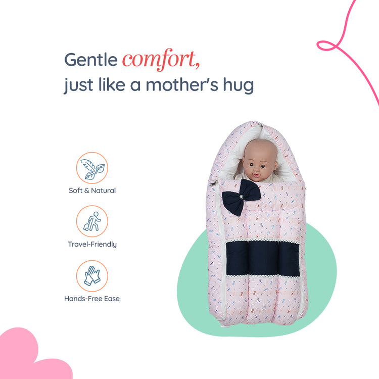 Adorables Baby Holder | Navy Blue & Light Pink | Specks Print, Bow Work & Lace | Cotton & Recron
