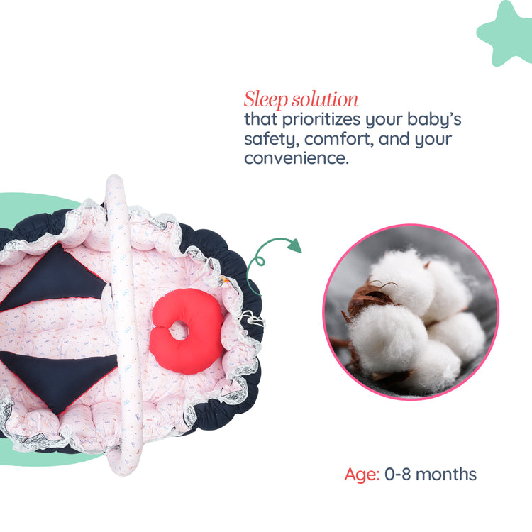 Adorables Oval Bed - (King Size) | Navy Blue & Light Pink | Specks Print | Hanging Pillow | Lace Design | Removable Net