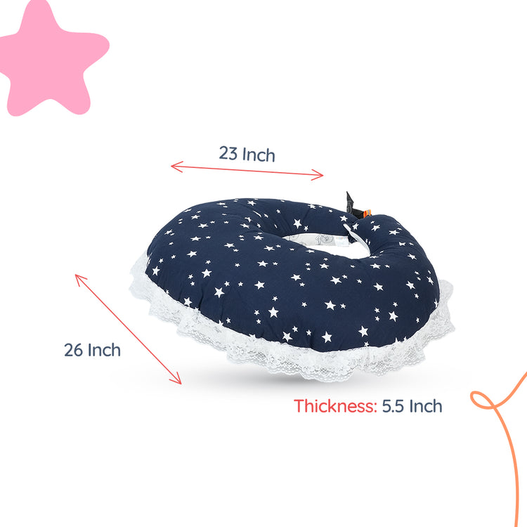 Adorables Feeding Pillow | Navy Blue & White | Star & Cycle Print with Lace Design | Cotton with Recron Filling