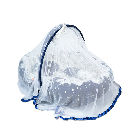 Adorables Oval Bed - (King Size) | Navy Blue & White | Cycle Print | Hanging Pillow | Lace Design | Removable Net