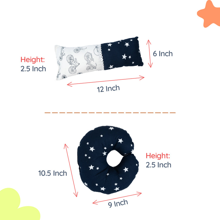 Adorables Pillow Set – Navy Blue & White | Cycle Print with Lace Design & Side & Neck Pillows