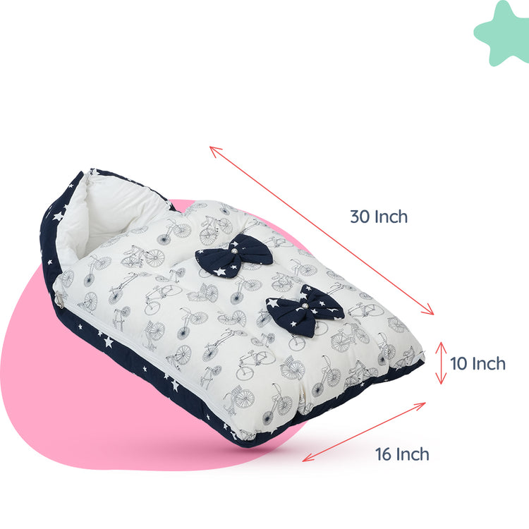 Adorables Baby Holder | Navy Blue & White | Cycle Print, Bow Work & Lace Design | Cotton & Recron