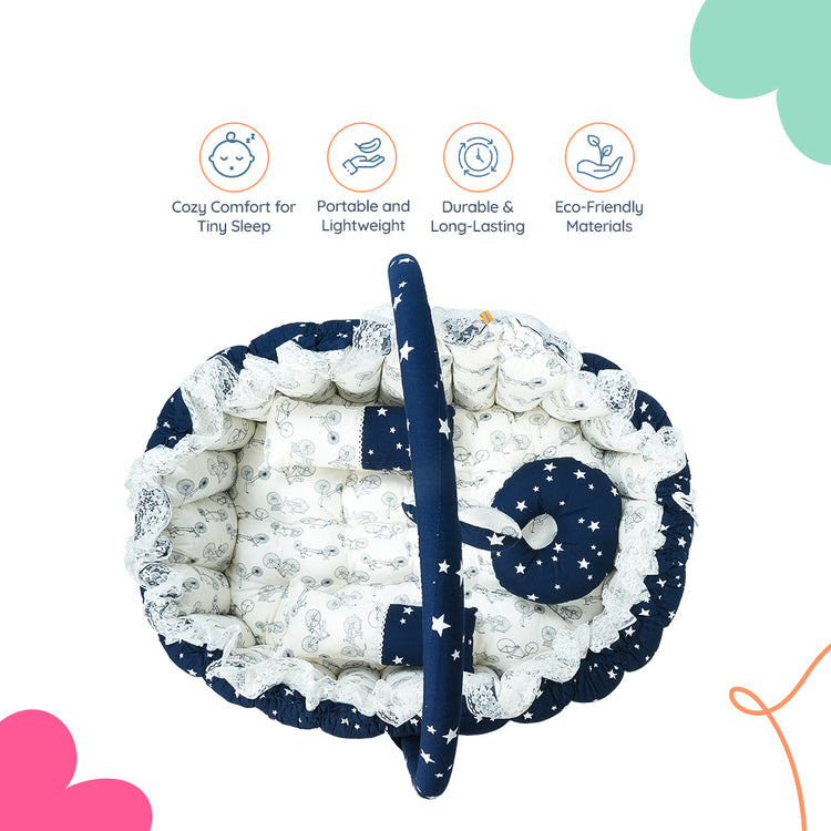 Adorables Oval Bed - (King Size) | Navy Blue & White | Cycle Print | Hanging Pillow | Lace Design | Removable Net