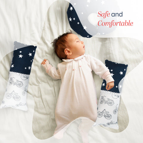 Adorables Pillow Set – Navy Blue & White | Cycle Print with Lace Design & Side & Neck Pillows