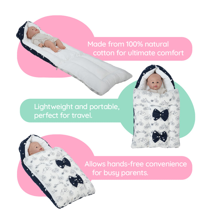 Adorables Baby Holder | Navy Blue & White | Cycle Print, Bow Work & Lace Design | Cotton & Recron