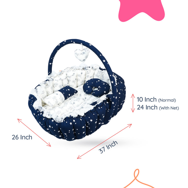 Adorables Oval Bed - (King Size) | Navy Blue & White | Cycle Print | Hanging Pillow | Lace Design | Removable Net