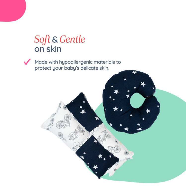 Adorables Pillow Set – Navy Blue & White | Cycle Print with Lace Design & Side & Neck Pillows
