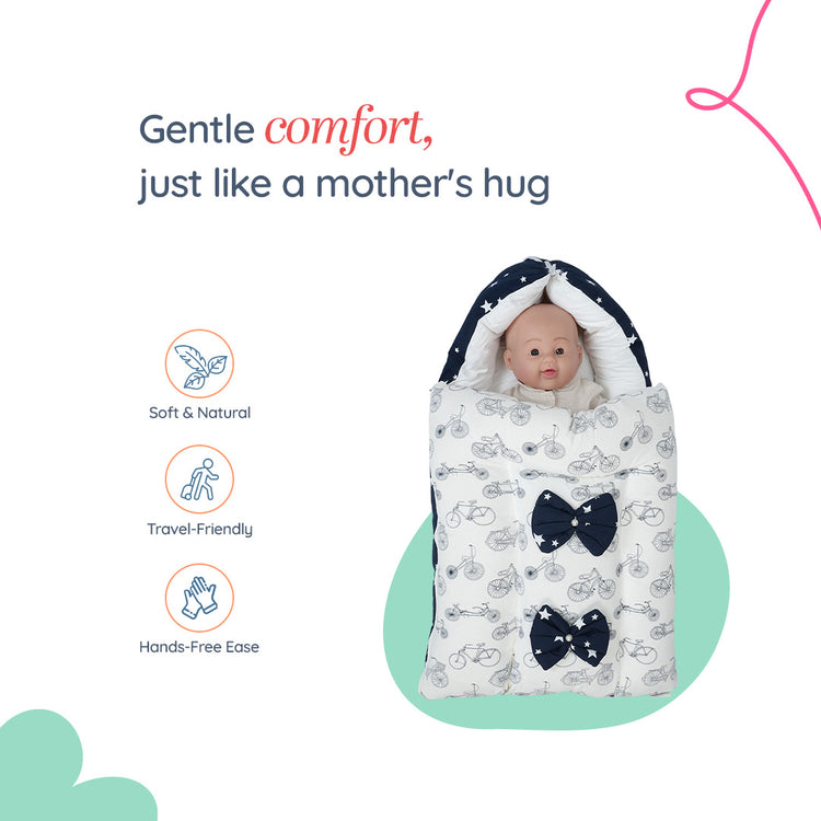 Adorables Baby Holder | Navy Blue & White | Cycle Print, Bow Work & Lace Design | Cotton & Recron