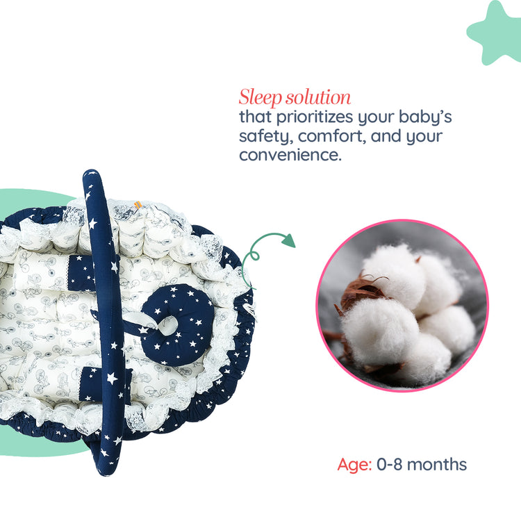 Adorables Oval Bed - (King Size) | Navy Blue & White | Cycle Print | Hanging Pillow | Lace Design | Removable Net