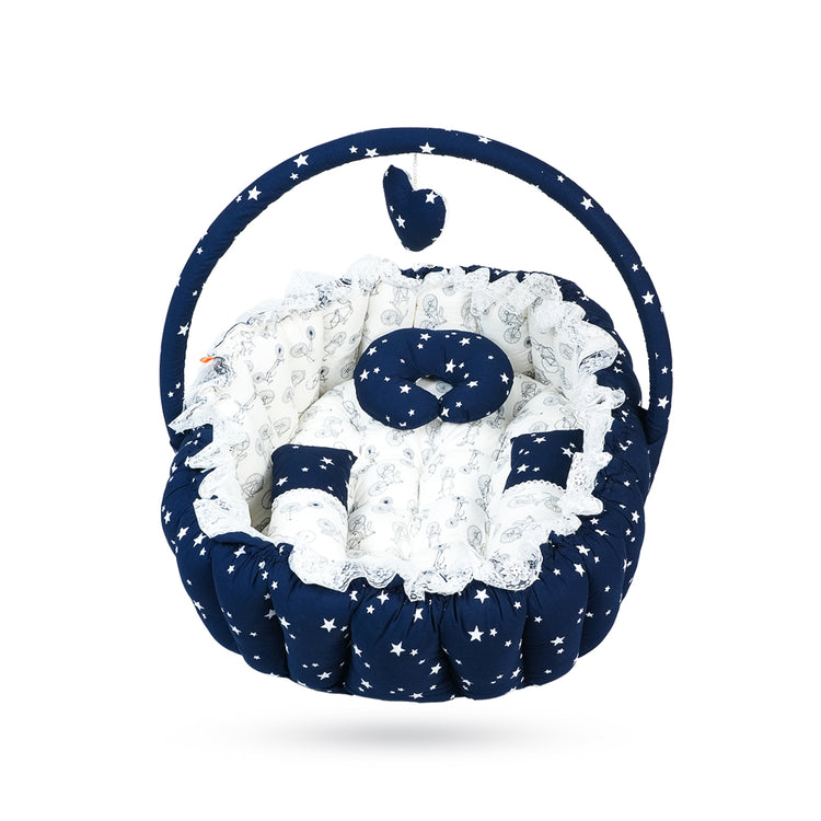 Adorables Oval Bed - (King Size) | Navy Blue & White | Cycle Print | Hanging Pillow | Lace Design | Removable Net
