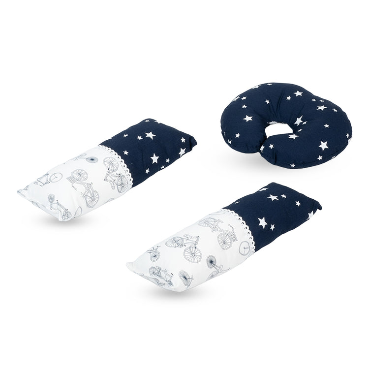 Adorables Pillow Set – Navy Blue & White | Cycle Print with Lace Design & Side & Neck Pillows