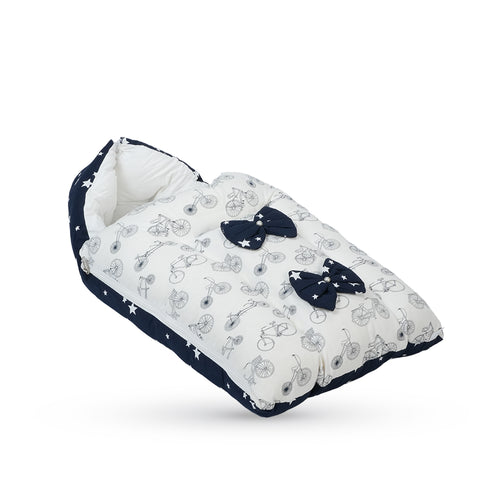 Adorables Baby Holder | Navy Blue & White | Cycle Print, Bow Work & Lace Design | Cotton & Recron