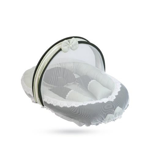 Adorables Baby Nest | Light Green & Dark Green | Lace Design | Cotton & Recron | With Removable Net & Pillows