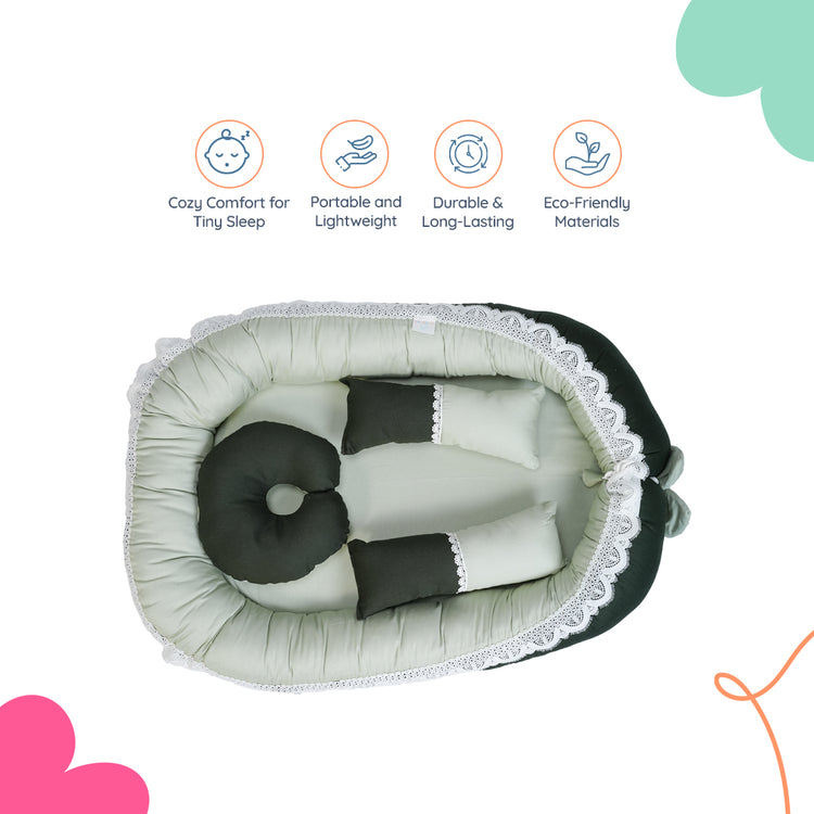 Adorables Baby Nest | Light Green & Dark Green | Lace Design | Cotton & Recron | With Removable Net & Pillows