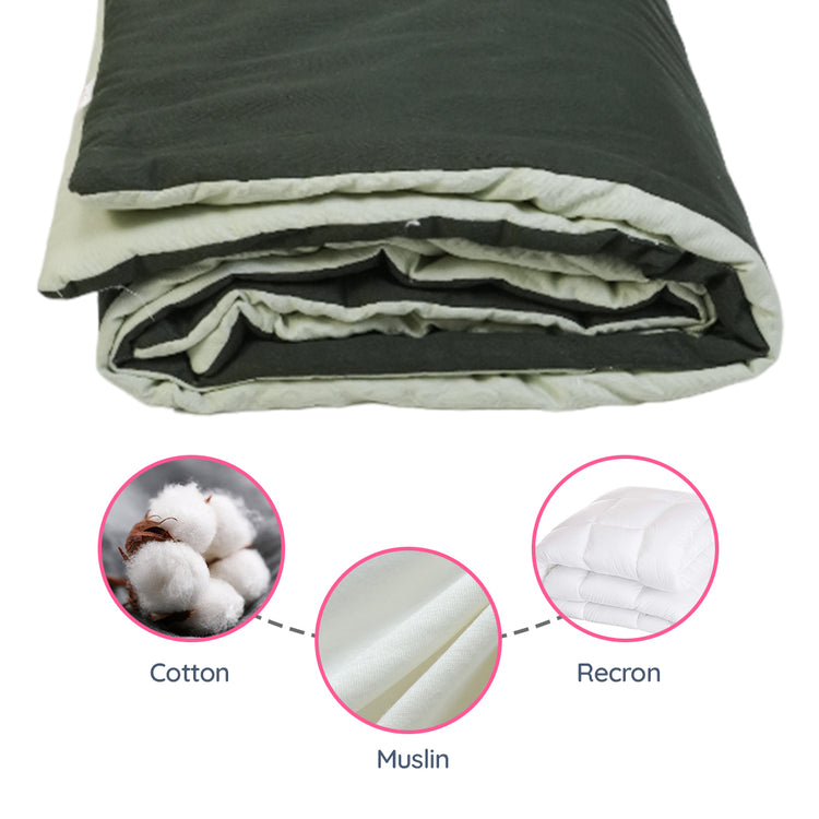 Adorables Quilt-L | Light Green & Dark Green | Cotton & Recron Sheet | Includes Side & Neck Pillows