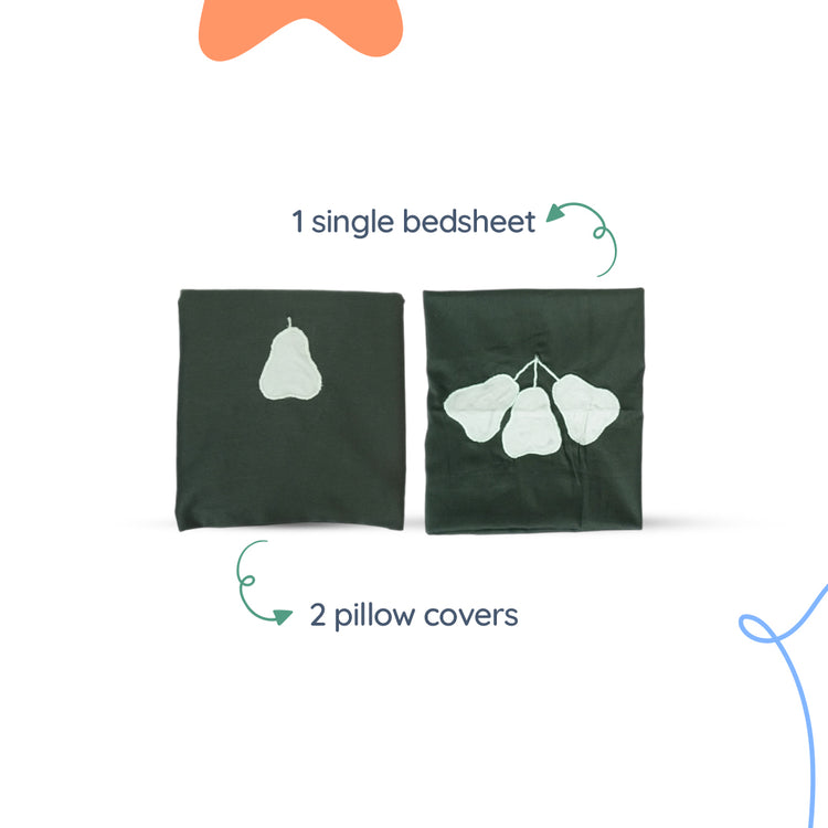 Adorables Bedsheet – Double | Light Green & Dark Green | Embroidery Pears | Cotton