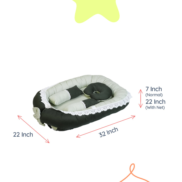 Adorables Baby Nest Bedding Combo Set 4 in 1 | Light Green & Dark Green | Bow, Pearls & Lace Design | Cotton & Recron | Includes Baby Nest, Sleeping Bag, Basket (L) & Feeding Pillow