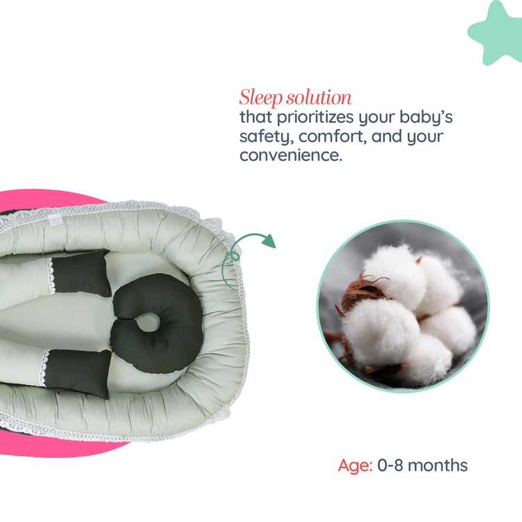 Adorables Baby Nest | Light Green & Dark Green | Lace Design | Cotton & Recron | With Removable Net & Pillows