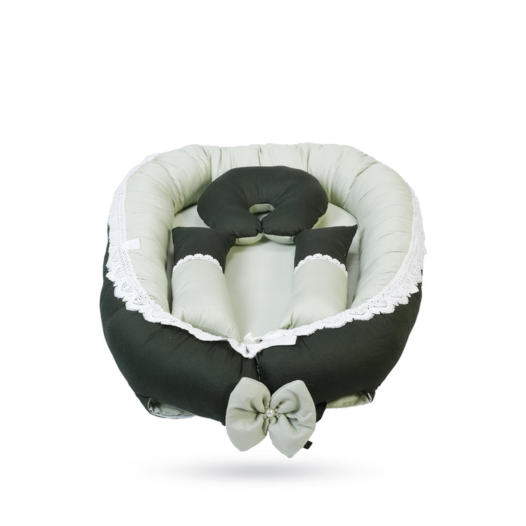 Adorables Baby Nest Bedding Combo Set 3 in 1 | Light Green & Dark Green | Bow, Pearl & Lace Design | Cotton & Recron | With Nest Bed, Basket (L) & Sleeping Bag