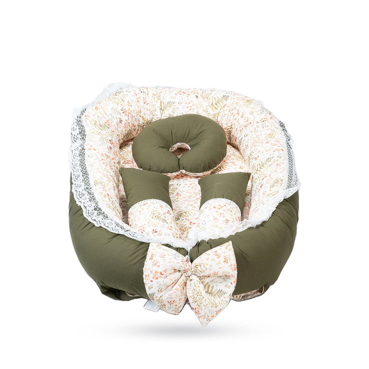 Adorables Baby Nest | Olive Green & Off White | Leaf Print | Cotton & Recron | With Removable Net & Pillows
