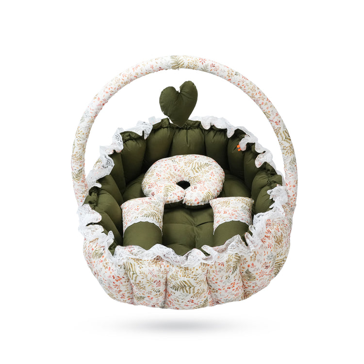 Adorables Baby Oval Bedding Combo Set 3 in 1 | Olive Green & Off White | Leaf Print, Lace & Bow Detailing | Cotton & Recron | Includes Oval Bed, Sleeping Holder & Storage Basket