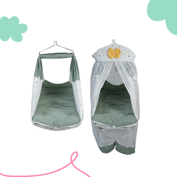 Adorables Bed Cradle | White & Olive Green | Cotton with Recron | Elegant Details for Comfort and Safety